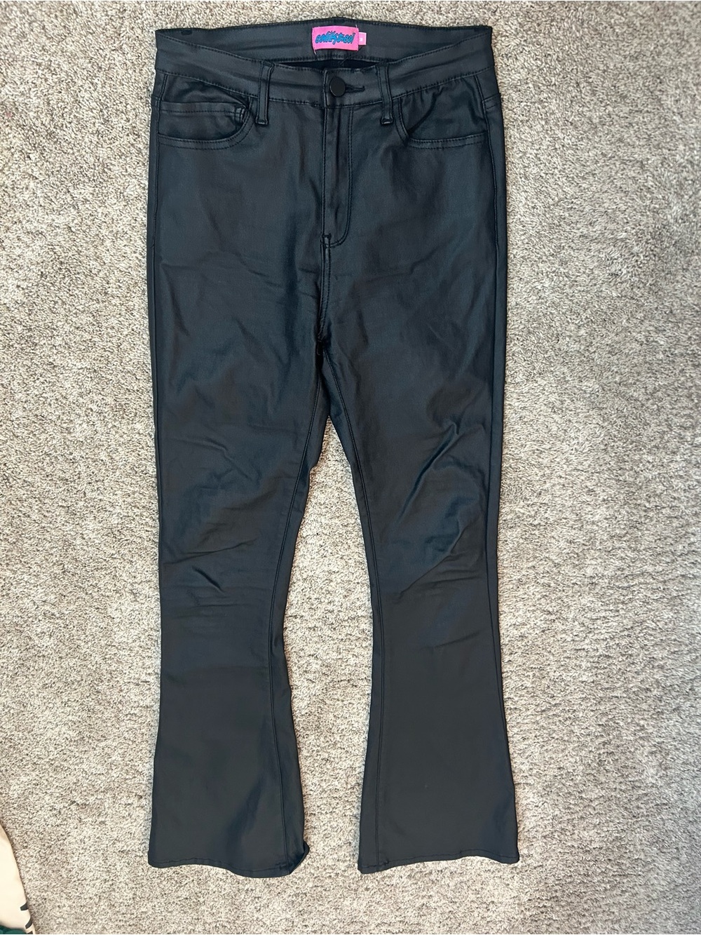 Edikted Black Coated Flare Pants Faux Leather Look High Rise Jeans M